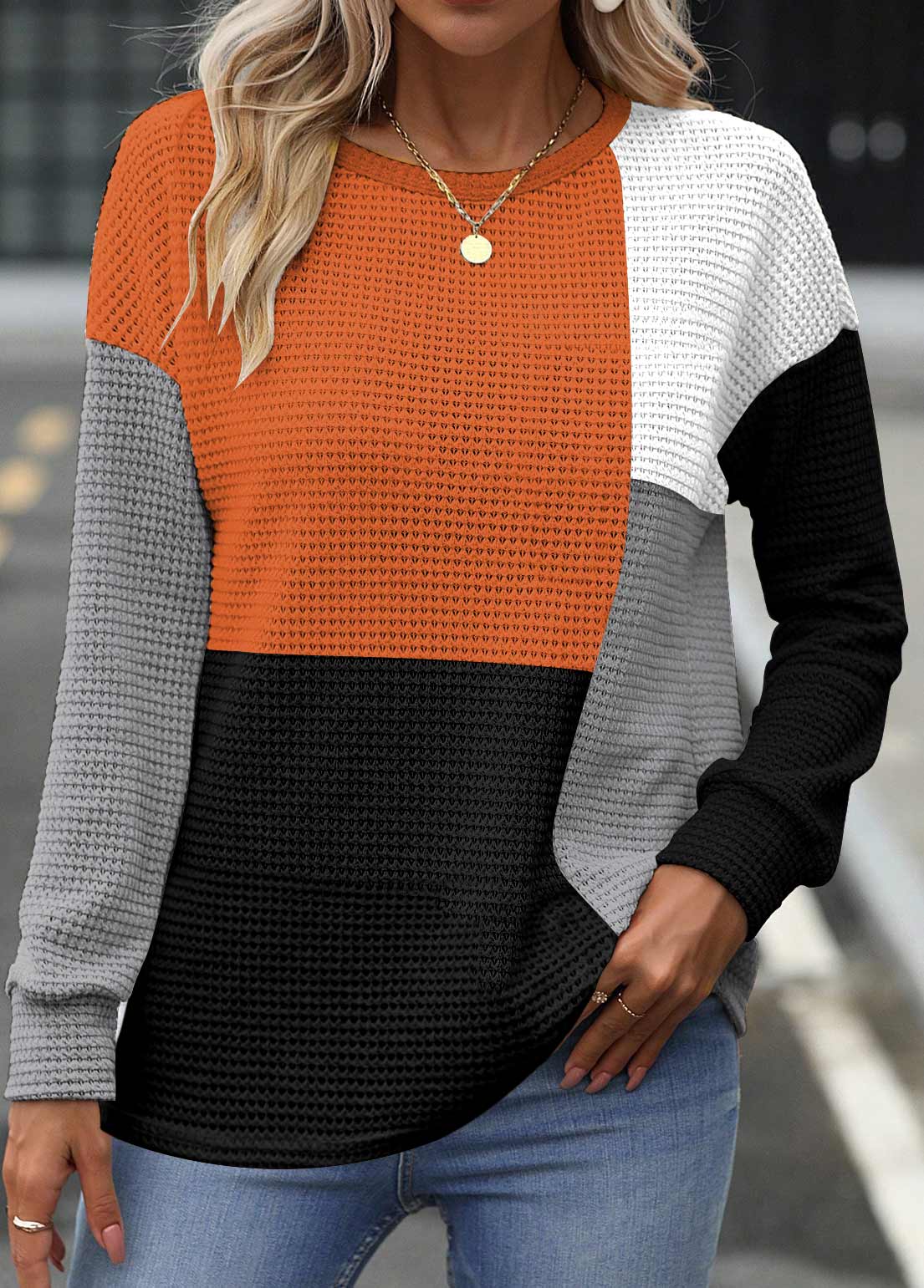 ROTITA Plus Size Patchwork Multi Color Round Neck Sweatshirt