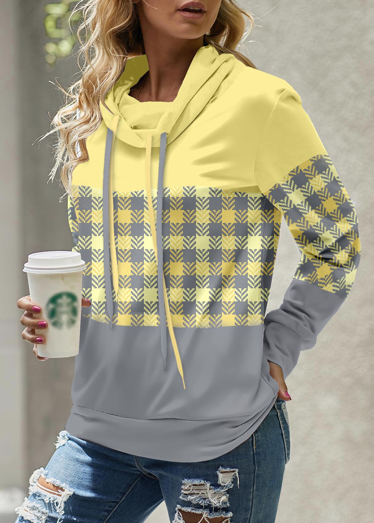 ROTITA Patchwork Plaid Light Yellow Cowl Neck Sweatshirt