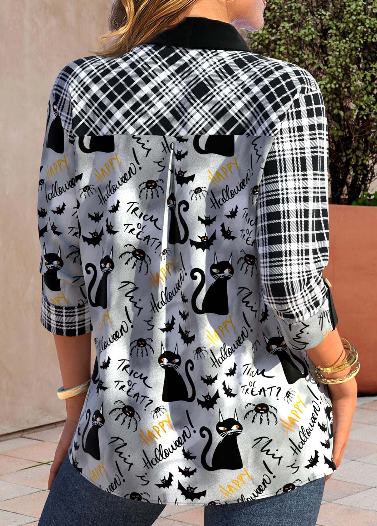Black tops,White tops,Halloween tops,Geometric tops,Striped tops,Animal Print tops,ROTITA Patchwork Halloween Print Black Shirt Collar Blouse
