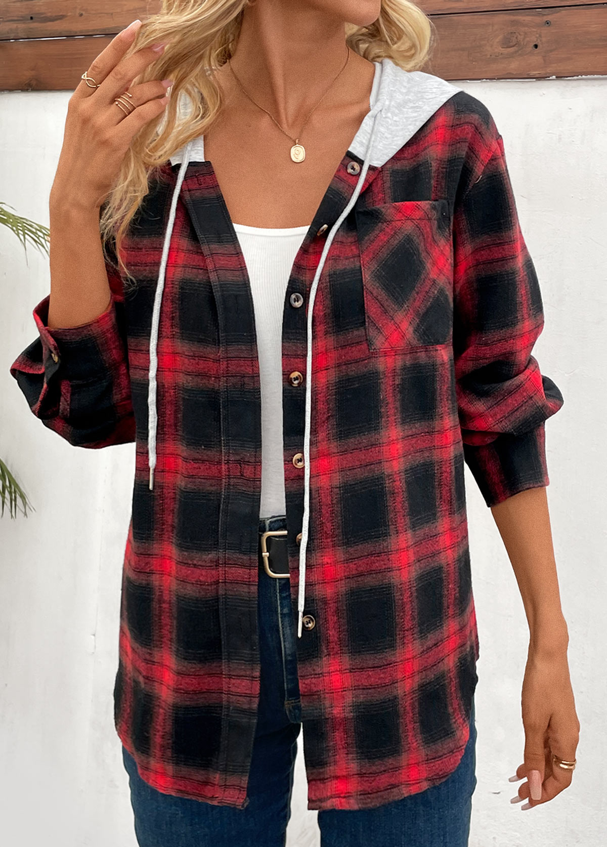 Patchwork Plaid Red Hooded Long Sleeve Coat