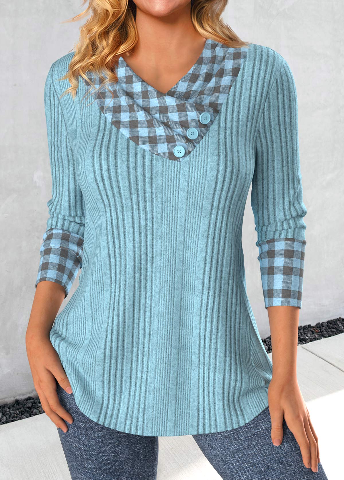 ROTITA Patchwork Plaid Dusty Blue Asymmetrical Neck Sweatshirt