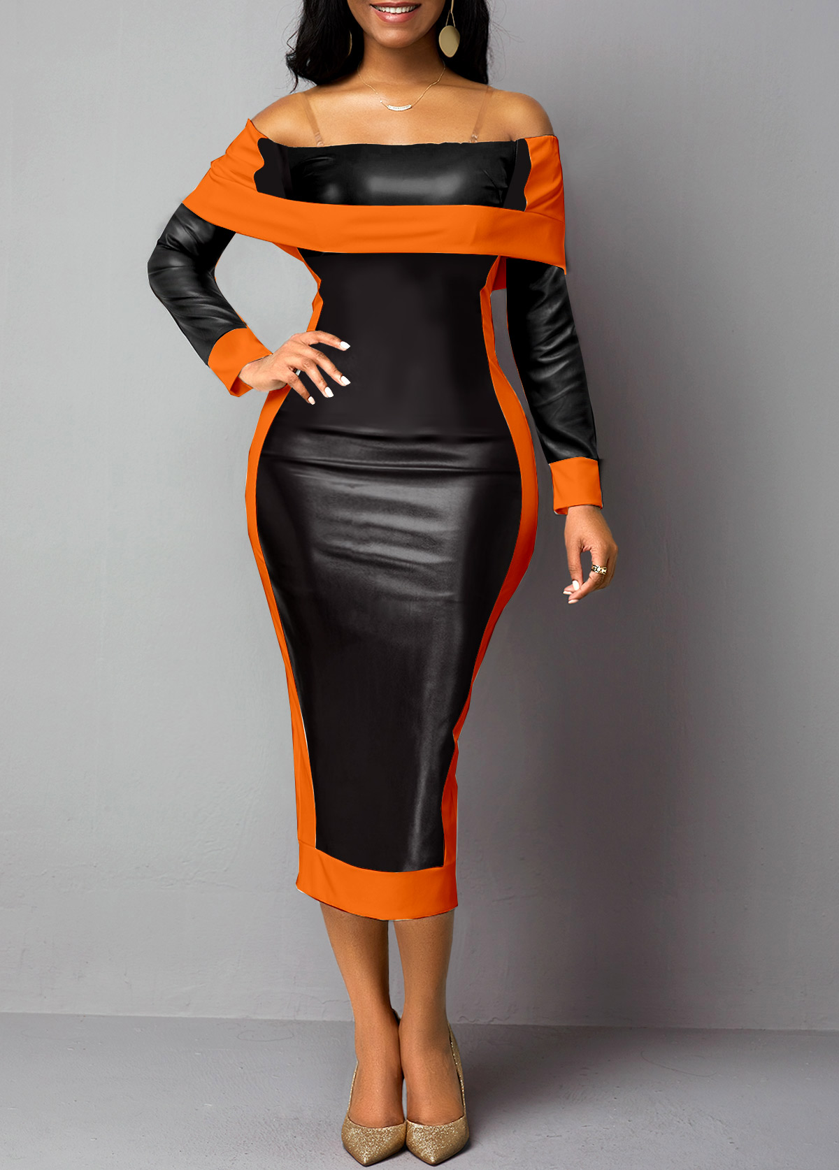 ROTITA Faux Leather Off Shoulder Orange Bodycon Dress