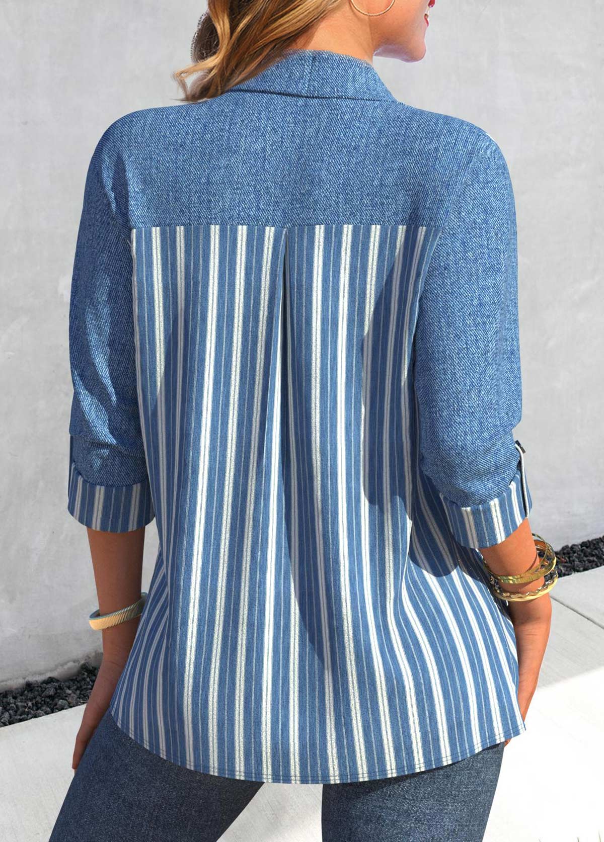 Denim Blue tops,Denim-Effect Print tops,Striped tops,ROTITA Patchwork Denim-effect Print Denim Blue Long Sleeve Shirt