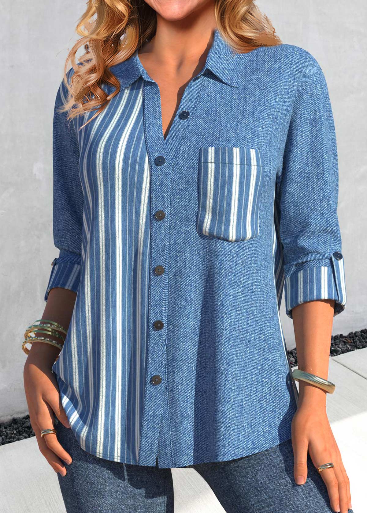 Denim Blue tops,Denim-Effect Print tops,Striped tops,ROTITA Patchwork Denim-effect Print Denim Blue Long Sleeve Shirt