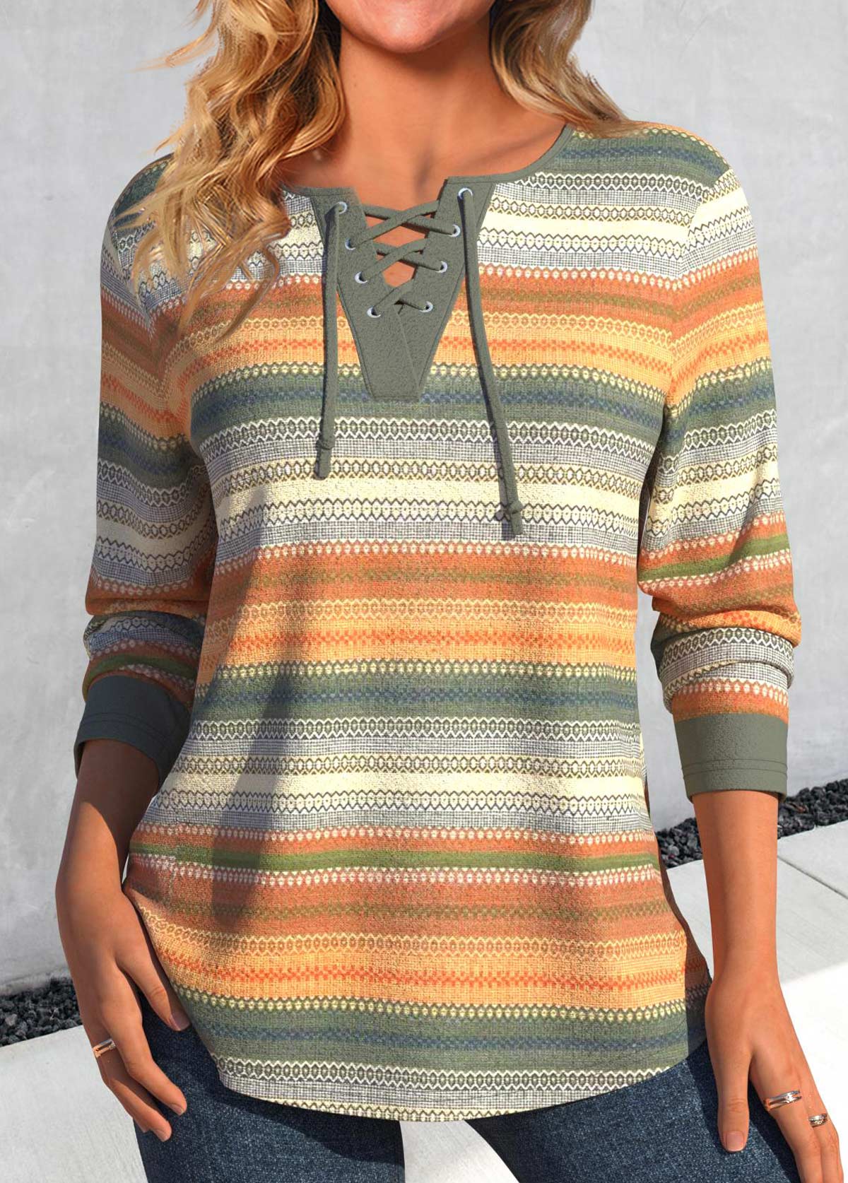 ROTITA Lace Up Striped Multi Color T Shirt
