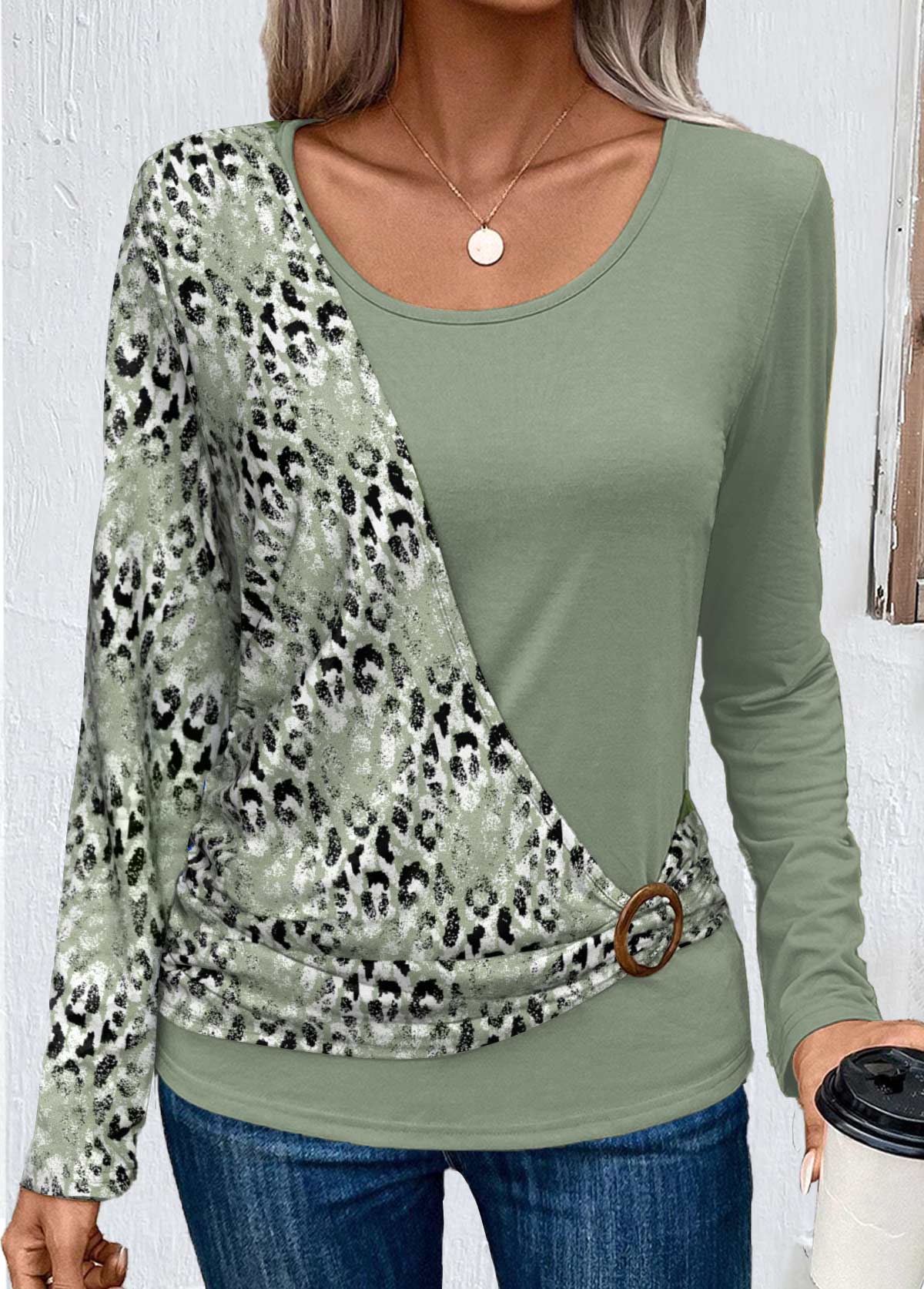 ROTITA Patchwork Leopard Sage Green Round Neck T Shirt