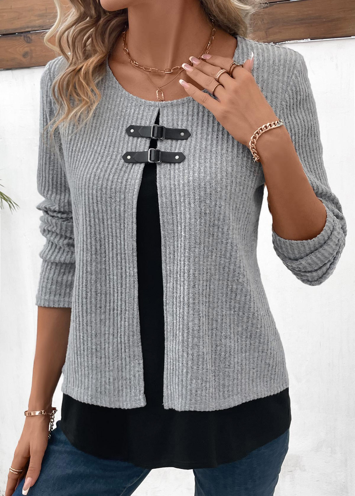 ROTITA Plus Size Layered Light Grey Marl Blouse