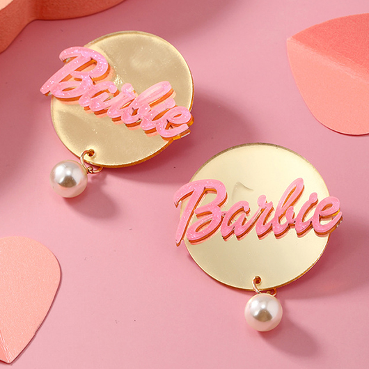 Round Pearl Letter Detail Pink Earrings