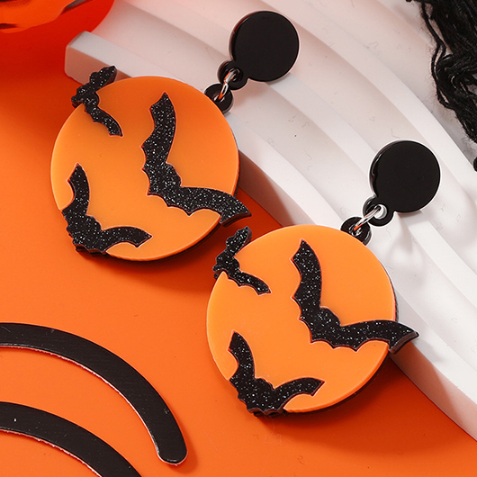 Bat Halloween Print Round Orange Earrings