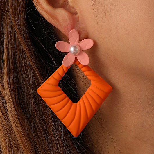 Square Orange Pearl Detail Metal Earrings