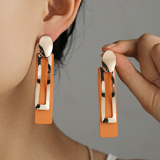 Geometric Detail Rectangle Orange Metal Earrings