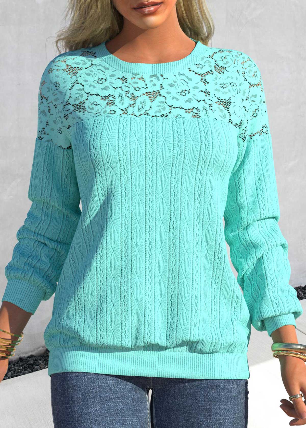 ROTITA Patchwork Cyan Round Neck Long Sleeve Sweatshirt