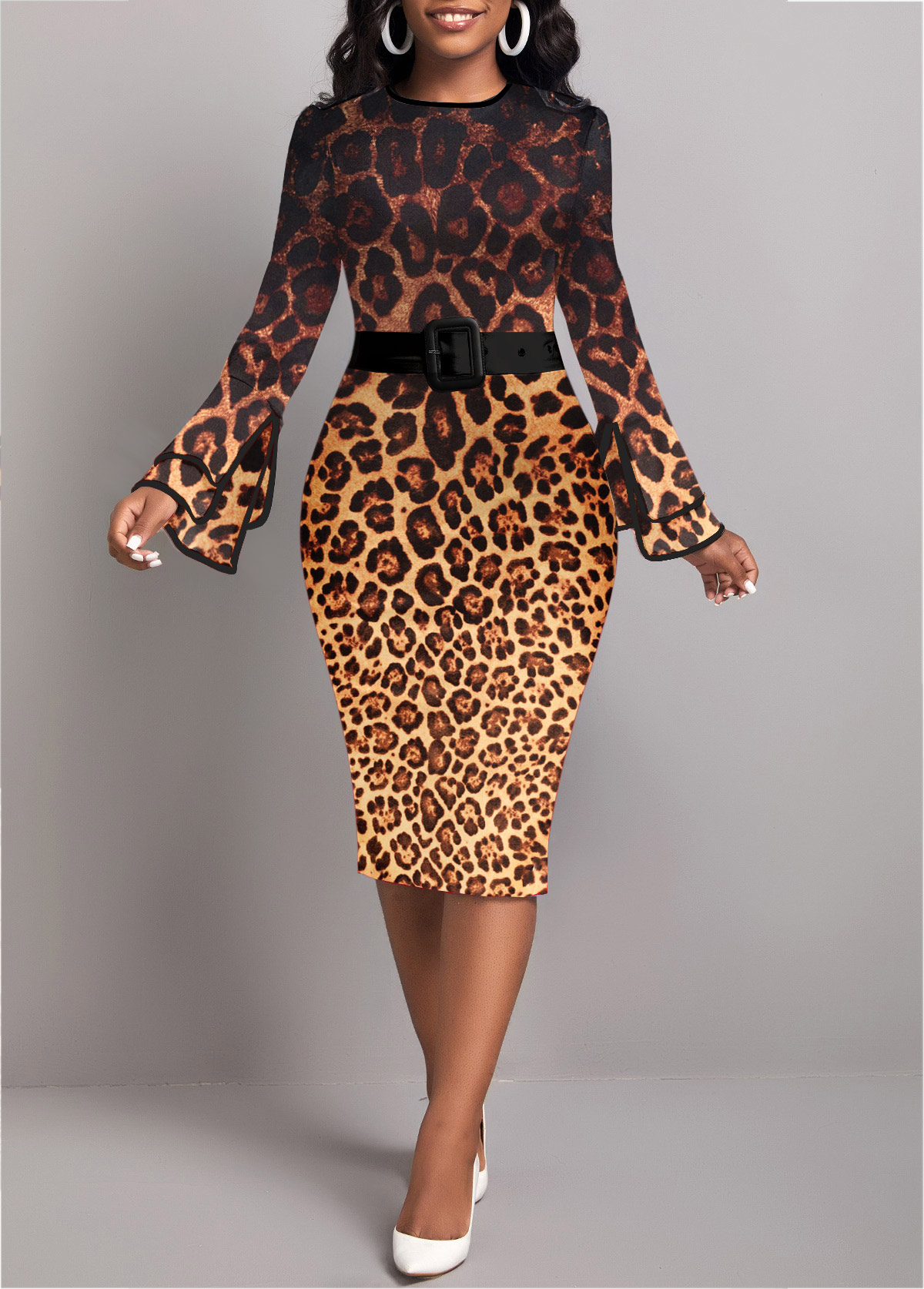 ROTITA Contrast Binding Leopard Dark Coffee Bodycon Dress