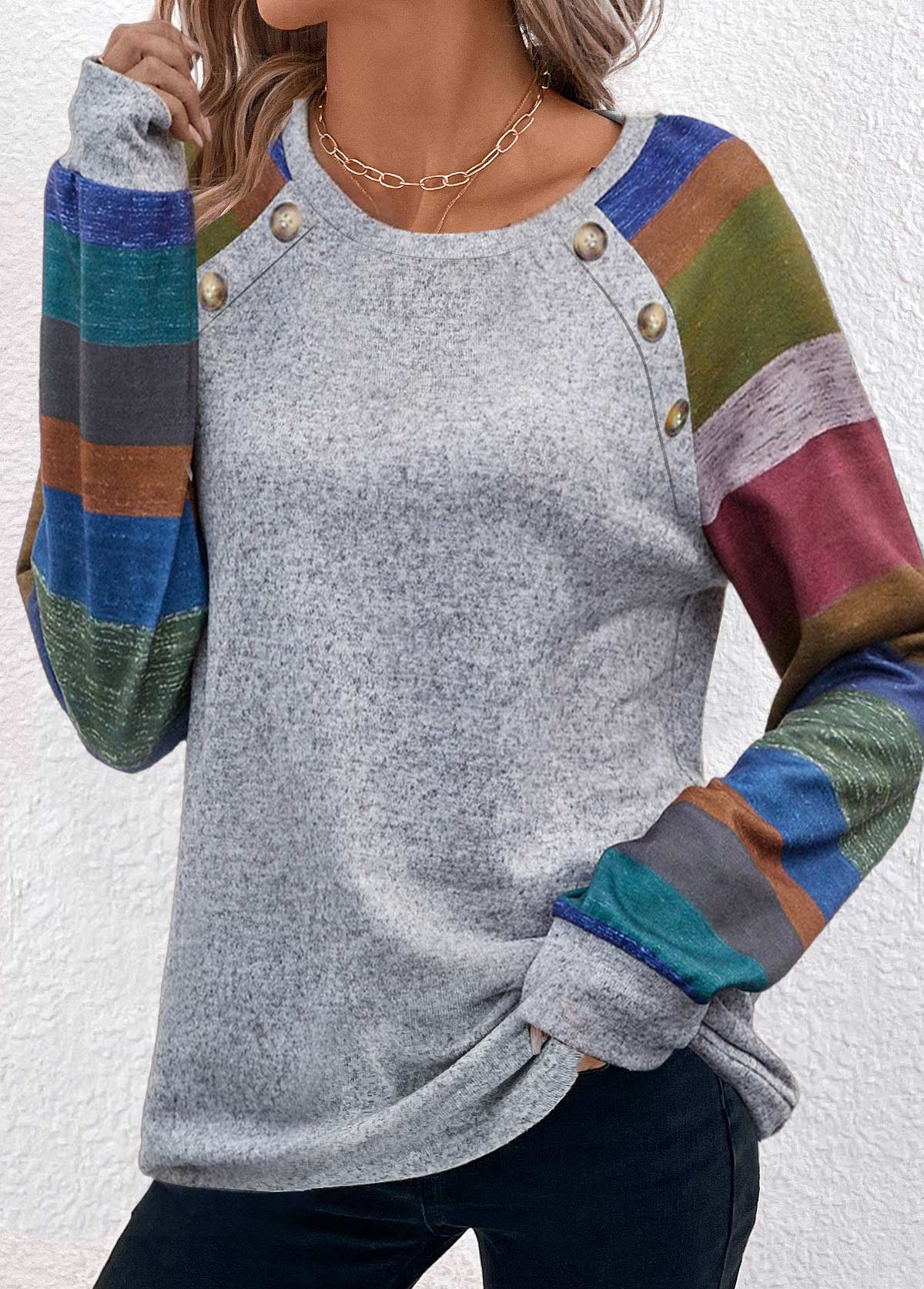 Light Grey Marl plus size,Rainbow Color plus size,Striped plus size,ROTITA Plus Size Button Light Grey Marl T Shirt