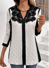 White tops,Black tops,Contrast Color tops,ROTITA Lace White Split Neck Long Sleeve Blouse