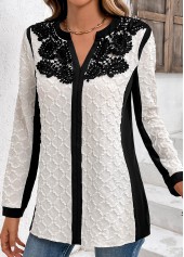 White tops,Black tops,Contrast Color tops,ROTITA Lace White Split Neck Long Sleeve Blouse