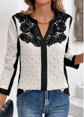 White tops,Black tops,Contrast Color tops,ROTITA Lace White Split Neck Long Sleeve Blouse