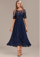 robe bleu marine à manches courtes et col rond en dentelle rotita