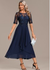 Navy dresses,Plain Color dresses,Party dresses,Elegant dresses,ROTITA Lace Navy Round Neck Short Sleeve Dress