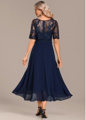 Navy dresses,Plain Color dresses,Party dresses,Elegant dresses,ROTITA Lace Navy Round Neck Short Sleeve Dress