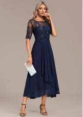 Navy dresses,Plain Color dresses,Party dresses,Elegant dresses,ROTITA Lace Navy Round Neck Short Sleeve Dress