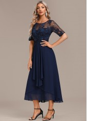 Navy dresses,Plain Color dresses,Party dresses,Elegant dresses,ROTITA Lace Navy Round Neck Short Sleeve Dress