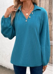 Peacock Blue tops,Plain Color tops,ROTITA Ruched Peacock Blue Shirt Collar Long Sleeve Blouse