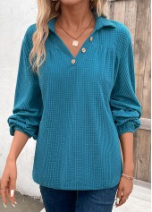 Peacock Blue tops,Plain Color tops,ROTITA Ruched Peacock Blue Shirt Collar Long Sleeve Blouse