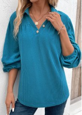 Peacock Blue tops,Plain Color tops,ROTITA Ruched Peacock Blue Shirt Collar Long Sleeve Blouse