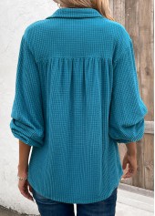 Peacock Blue tops,Plain Color tops,ROTITA Ruched Peacock Blue Shirt Collar Long Sleeve Blouse