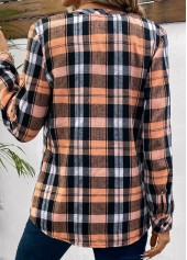 Orange tops,Plaid tops,Geometric tops,Striped tops,ROTITA Button Plaid Orange Round Neck Long Sleeve Blouse