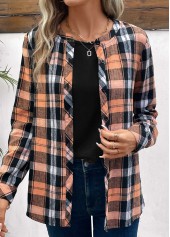 Orange tops,Plaid tops,Geometric tops,Striped tops,ROTITA Button Plaid Orange Round Neck Long Sleeve Blouse