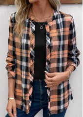 ROTITA Plus Size Button Orange Plaid Round Neck Blouse