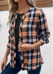 Orange tops,Plaid tops,Geometric tops,Striped tops,ROTITA Button Plaid Orange Round Neck Long Sleeve Blouse