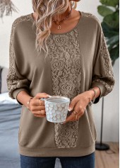 Light Coffee tops,Plain Color tops,ROTITA Light Coffee Patchwork Round Neck T Shirt