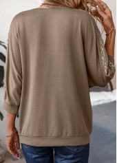 Light Coffee tops,Plain Color tops,ROTITA Light Coffee Patchwork Round Neck T Shirt