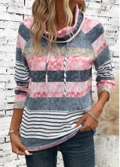 Multi Color tops,Striped tops,Geometric tops,ROTITA Drawstring Striped Multi Color Cowl Neck Long Sleeve Sweatshirt
