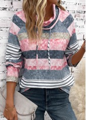 Multi Color tops,Striped tops,Geometric tops,ROTITA Drawstring Striped Multi Color Cowl Neck Long Sleeve Sweatshirt