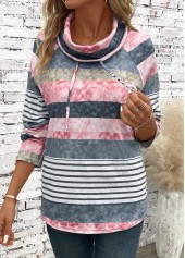 Multi Color tops,Striped tops,Geometric tops,ROTITA Drawstring Striped Multi Color Cowl Neck Long Sleeve Sweatshirt