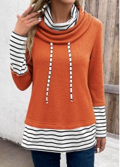Orange tops,White tops,Striped tops,ROTITA Patchwork Striped Orange Cowl Neck Long Sleeve Sweatshirt