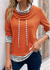 Orange tops,White tops,Striped tops,ROTITA Patchwork Striped Orange Cowl Neck Long Sleeve Sweatshirt