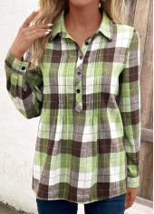 Multi Color tops,Plaid tops,Geometric tops,Striped tops,ROTITA Tuck Stitch Plaid Multi Color Shirt Collar Blouse