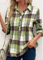 Multi Color tops,Plaid tops,Geometric tops,Striped tops,ROTITA Tuck Stitch Plaid Multi Color Shirt Collar Blouse