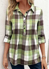 Multi Color tops,Plaid tops,Geometric tops,Striped tops,ROTITA Tuck Stitch Plaid Multi Color Shirt Collar Blouse