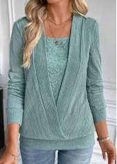Turquoise tops,Plain Color tops,ROTITA Fake 2in1 Square Neck Long Sleeve Turquoise Sweatshirt
