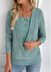 Turquoise tops,Plain Color tops,ROTITA Fake 2in1 Square Neck Long Sleeve Turquoise Sweatshirt