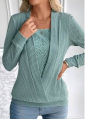 Turquoise tops,Plain Color tops,ROTITA Fake 2in1 Square Neck Long Sleeve Turquoise Sweatshirt