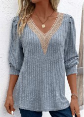 Dusty Blue tops,Contrast Color tops,Lace Dusty Blue V Neck Long Sleeve T Shirt