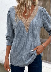 Dusty Blue tops,Contrast Color tops,Lace Dusty Blue V Neck Long Sleeve T Shirt