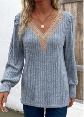 Dusty Blue tops,Contrast Color tops,Lace Dusty Blue V Neck Long Sleeve T Shirt